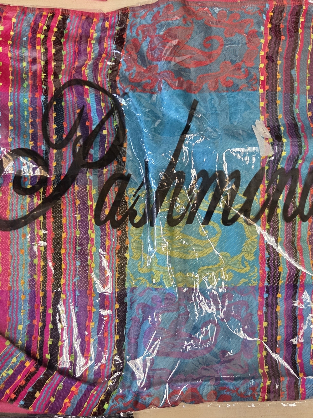Bright Multicolor Striped Scarf with Script Detail